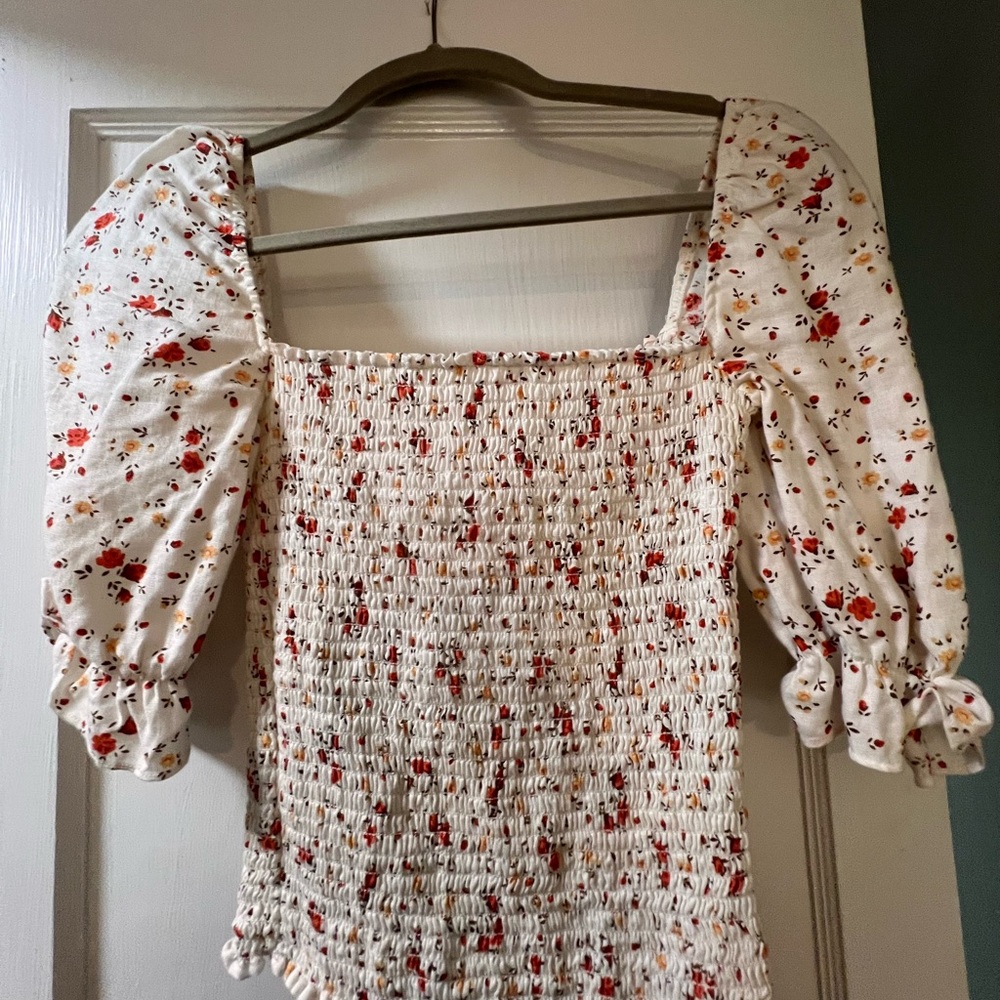 Reformation Floral White Smocked Top